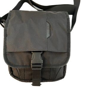 ROOTS Crossbody Bag Black Nylon Buckled Flap Lots of Pockets Back Pouch